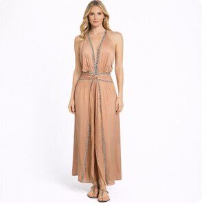 Ramy Brook New York Peach Embellished Halter Maxi Dress Size Medium Beaded